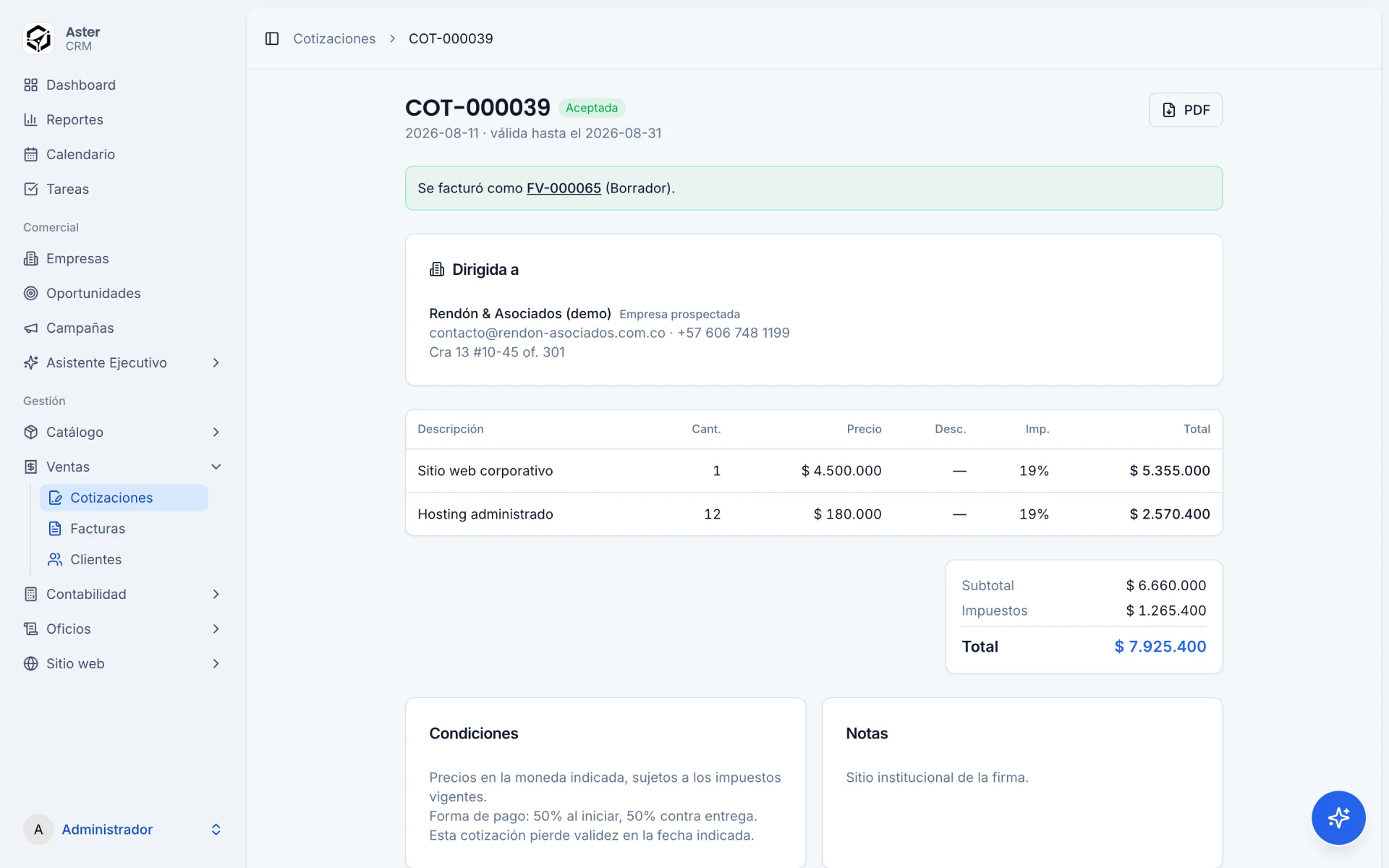 Ficha de una cotización con sus líneas y totales en CRM Aster